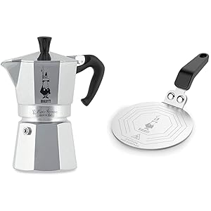 Bialetti Moka Express Cafetera Italiana Espresso, 4 Tazas, Aluminio + DCDESIGN08 Difusores de calor, adaptador para el utilizo de cafeteras y baterías de cocina sobre placas de inducción