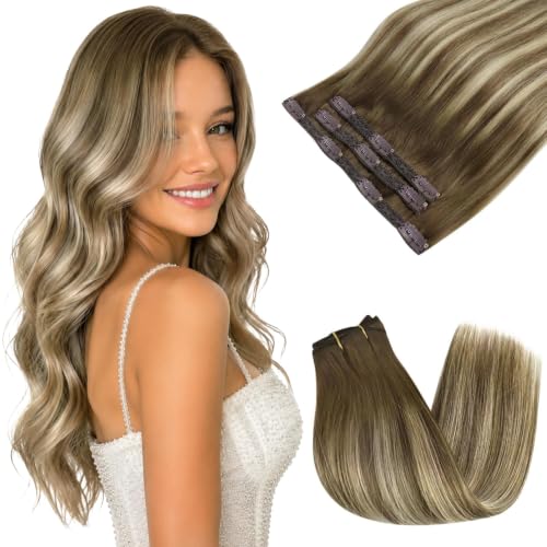 Image of Sunny Hair Clip in Hair Extensions Real Human Hair Balayage Light Blonde | 14 Inch Human Hair Clip in Extensions Balayage Light Blonde on Olive Brown Roots, Lightweight Feel for Daily Use 85g