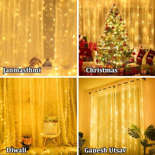 Image of MPROW Plastic Fairy Curtain String Lights for Wall Decoration, Warm White USB Powered 300 LED's, 8 Flashing Modes, Window Backdrop Strip Lights for Bedroom, Party, Diwali, Christmas - 3x3 Meter