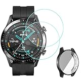Miimall【2枚ガラスフイルム+1枚ケース セット】Huawei Watch GT2 46mm用 強化ガラスフイルム ケース TPU材料 強化ガラス 最高硬度9H 防指紋 気泡なし 高透過率 ファーウェイ ウォッチ GT2 カバー スクラッチ防止 高透過率 防爆裂 擦り傷防止(ブラック)