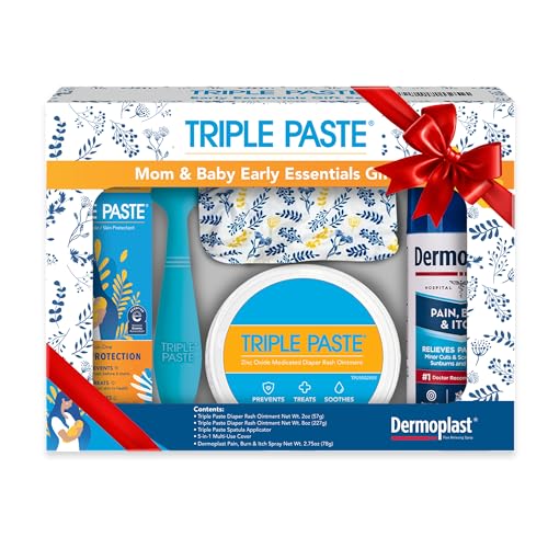 Image of Triple Paste Mom & Baby Gift Set, New Baby Essentials Kit, 5-Piece—Diaper Rash Ointment 8oz Jar & 2oz Tube, Spatula Applicator, Dermoplast Spray, Multi-Use Cover, Mom Postpartum Essentials