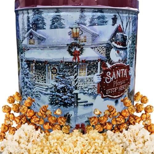Christmas Popcorn Gift Tin Snowman Holding Santa Please Stop Here