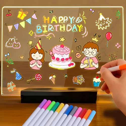 Tableau à dessin LED lumineux, tableau de notes LED avec couleurs, tableau de notes en acrylique pour enfants, tableau d'écriture en acrylique avec 12 crayons de couleur, effaçable, dessin, mémo