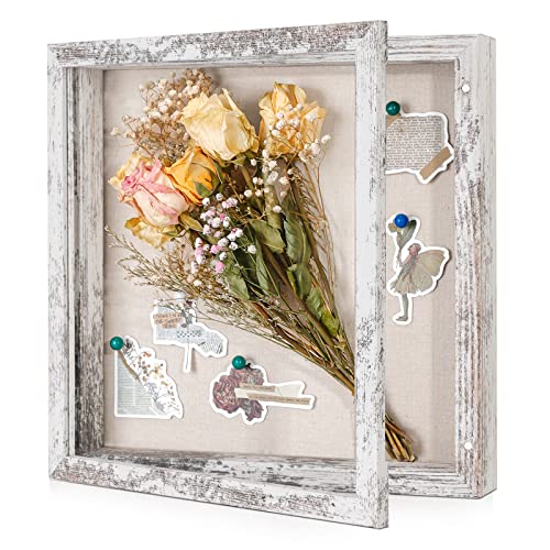Image of Califortree 11x11 Shadow Box Frame with Linen Back - Sturdy Rustic Memory Display Case of Flower, Pictures, Medals and More, Distressed White