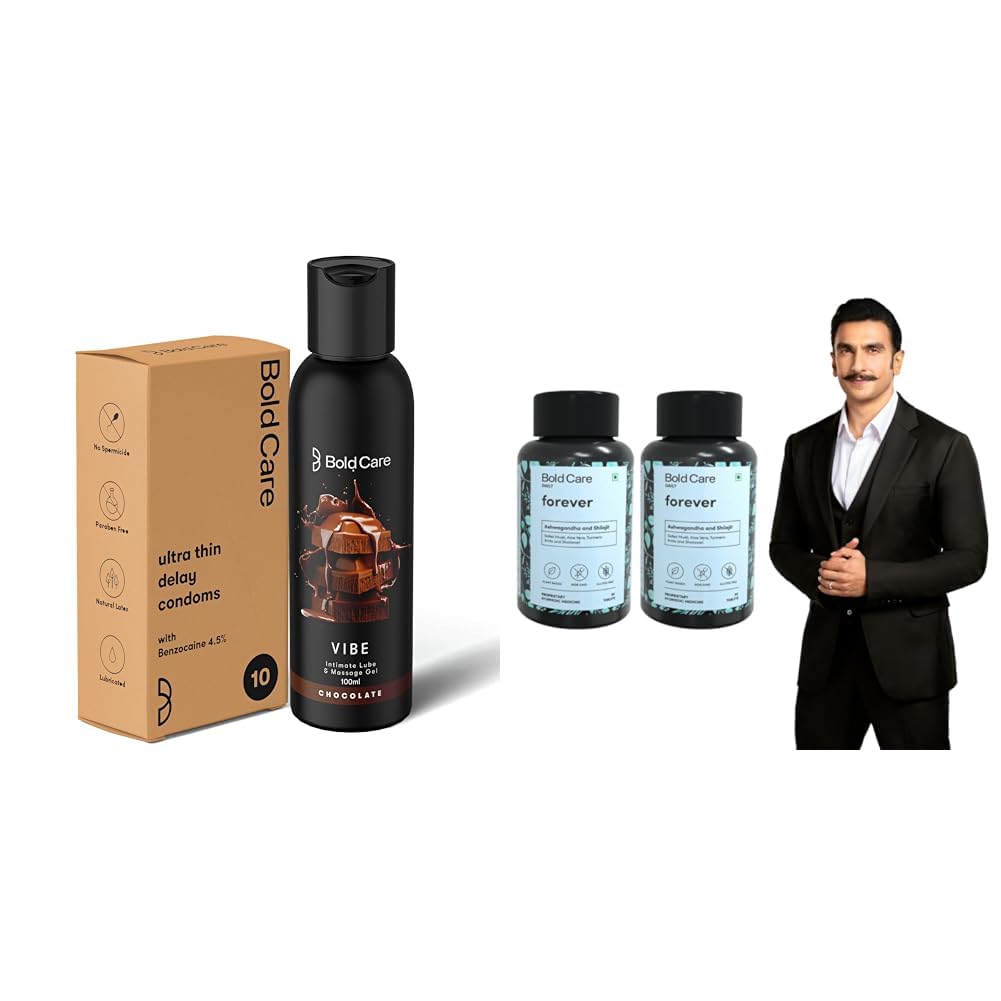 Bold Care Ultra thin Delay Condoms + Vibe - Chocolate flavoured Premium Lubricant Gel - Water base | Bold Care Forever Ashwagandha & Shilajit 120 Capsules | Boosts Stamina for Men | Supplements For M-image-18