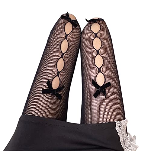 Image of SOLILOQUY Women Y2K Lolita Sheer Tights Bow Knot High Waist Footed Pantyhose Stockings See-Through Stretchy Leggings