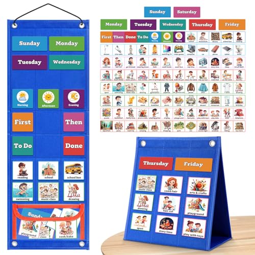 PITCOTT Visual Schedule for Kids Chore Chart,103 Daily Schedule Board Routine Pocket Chart Cards for Toddlers,Autism Learning Material Tool Wall Planner for Home School with 3 in 1 Cards Gift for Kids