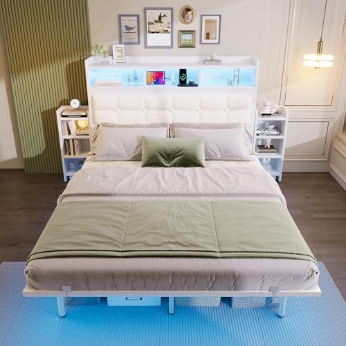 Sapgaks Lit 140 x 190 avec Sommier LED et USB C, Lit Double 140x190 avec 2 Tables de Chevet Gigognes et Tete, Rembourré avec à Lattes 2 Personnes, Capitonné Cadre de Métal(sans Matelas)