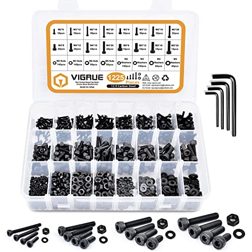 VIGRUE 1225PCS Schrauben Set M2 M3 M4 M5 Legiertem Stahl-Sechskopf-Knopf Schrauben Muttern und Unterlegscheiben Sortiment Kit Sechskantschrauben mit Aufbewahrungsbox flach Fall Box +Schraubenschlüssel