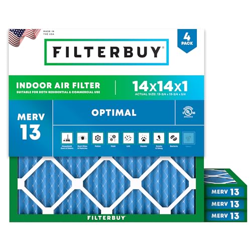 Image of Filterbuy 14x14x1 Air Filter MERV 13 Smoke & Allergy Defense (4-Pack) | Electrostatic Pleated HVAC AC Furnace Filters Replacement, Made in USA (Actual Size: 13.75 x 13.75 x 0.75)