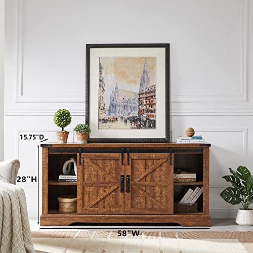 Okd Tv Stand For 65+ Inch Tv, Modern Farmhouse Entertainment Center With Sliding Barn Door, Wood Rustic Media Console Cabinet With Adjustable Shelf For Living Room, Reclaimed Barnwood Color #TOP1