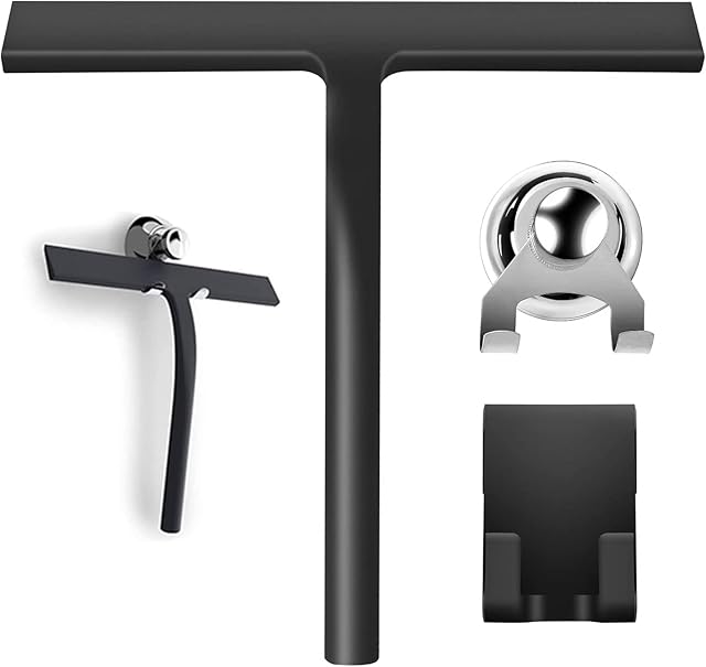 Shower Squeegee Wiper Black, Window Squeegee with Silicone Hook,Stainless Steel Suction Cup Car Mirror Wiper - Glass Squeegee for Bathroom Home Wipe Bathroom Cleaning Water Mist