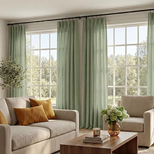 NICETOWN Pinch Pleated Linen Sage Green Curtains for Farmhouse, Privacy Semi Sheer Relax Home Decor Window Treatments Privacy with Light Filtering for