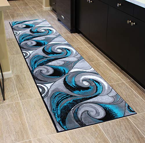 Masada Rugs, Modern Woven Runner Turquoise Area Rug, Hand Carved (32 Inch X 10 Feet) Runner #TOP1