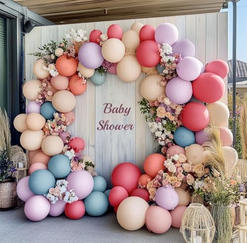 Image of Pastel Balloon Garland Double Stuffed Dusty Pink Blue Cream Balloon Light Purple Pink Nude Latex Balloons Arch Kit for Wild Flower Gender Reveal Baby Shower Tea Birthday Decorations