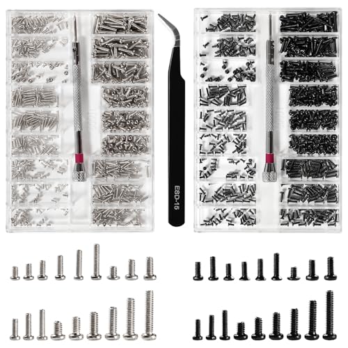 Lyeteung 1000 PCS M1.2/M1.4/M2 Tiny Micro Repair Screw Kit, Tiny Micro Screws Set, Electronic Repair Micro Screws, with Screwdriver and Tweezers, for Spectacles, Laptop, Watches, Silver, Black