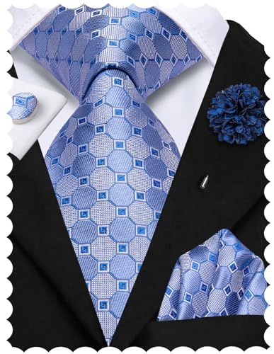 Image of Hi-Tie Sky Blue Mens Ties Light Blue Plaid Necktie for Men Novelty Tie Handkerchief Cufflinks Lapel Pin Set Wedding Business, Medium