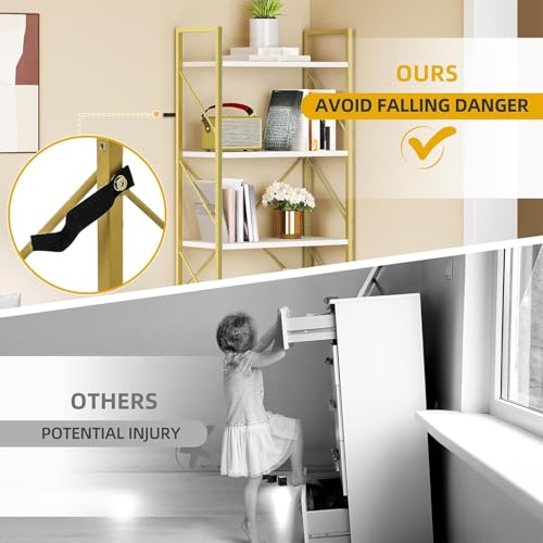 DWVO Gold Bookshelf, Modren 5 Tier Bookcase, Storage Shelves Organizer Standing Shelf, Display Rack Book Shelves for Bedroom,Living Room,Office,Kitchen, Gold