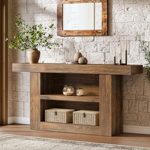 Tribesigns Mesa consola de 160 cm, mesa de pasillo con almacenamiento, mesa de sofá estrecha con 3 niveles de madera detrás del sofá, para entrada, pasillo, salón, color marrón