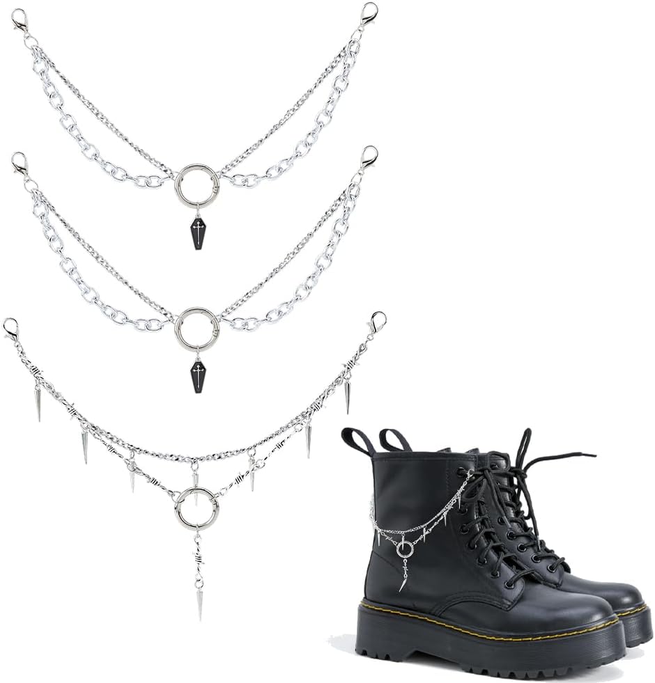 4Pcs Punk Shoe Chains 2 Styles Rivet Cone Knot Charms Boot Chain Layered Punk Boot Strap Chains Accessories with Spring Gate Rings for Sneakers Casual Canvas Shoes