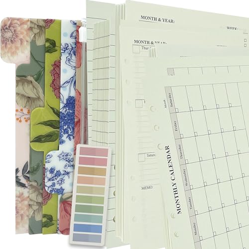 Metrubyone 90+54+14 A5 Refill Paper with Undated Monthly Weekly Calendar Planner Inserts 6 Ring Loose Leaf Lined Filler Paper Refillable for Binder Planner Journal Agenda Notebook