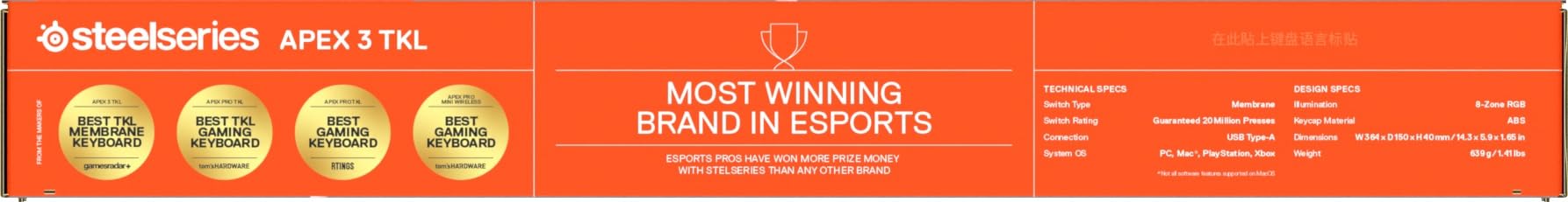 SteelSeries Apex 3 TKL - Tastiera Gaming Bianco - Fattore di forma compatto senza tastierino - Illuminazione RGB a 8 zone - Resiste ad acqua e polvere - Switch da gaming super silenziosi - UK QWERTY