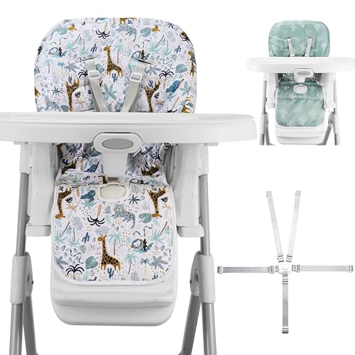 Baby High Chair Cover Replacement, Reversible & Waterproof High Chair Cushion Pad Home & Restaurant use, Includes 5-Point Harness Strap, Chair Not Included - Green