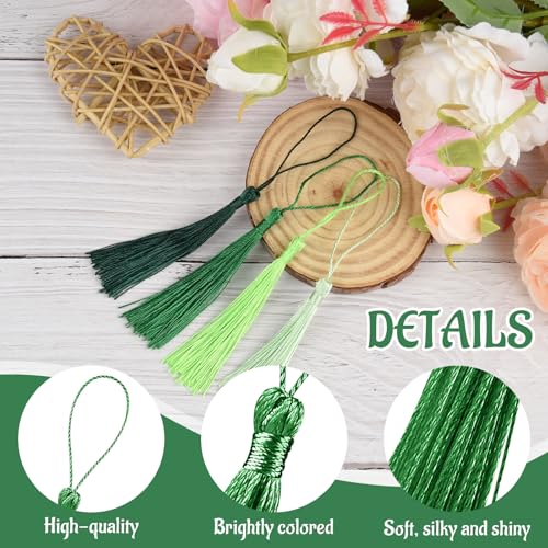 Image of 100 Pcs Bookmark Tassels Bulk Green Series Soft Craft Silky Handmade Mini Tassels for Jewelry Making with Loops for DIY Craft Accessory Dress Decoration