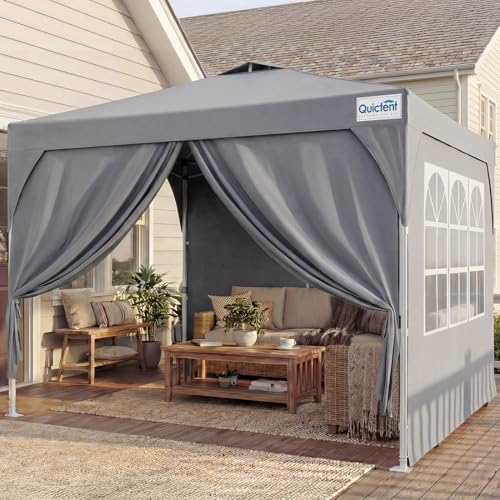 Quictent Carpa Plegable 3x3m con 3 Paredes Laterales Extraíbles, Tienda de Toldo con Cerradura Central, Refugio Portátil para Fiestas de Jardín y Camping, Gray