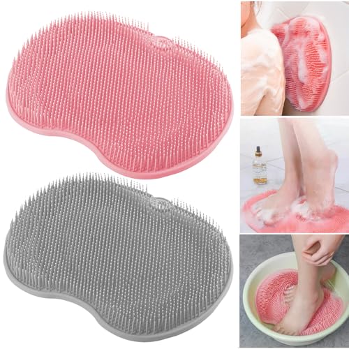 2 Pack Silicone Shower Foot Scrubber Mat & Back Scrubber Massage Pad - Wall Mounted with Suction Cups, Washer Exfoliating Bath Wash Feet Cleaner for Men and Women, Pink & Gray