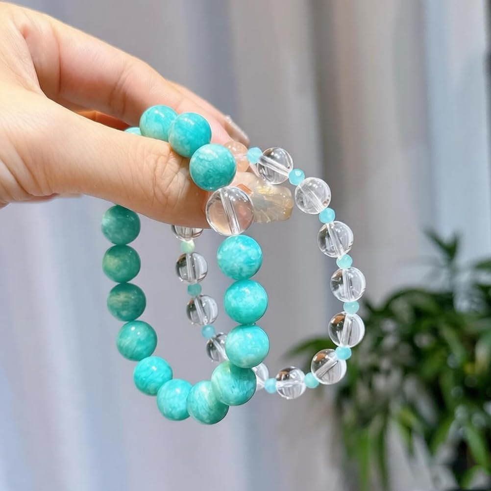 Pulsera de 2 Piezas con Cuentas Redondas de Cristal curativo, amazonita y Cuarzo Transparente, joyería elástica con Piedras Preciosas para Mujer