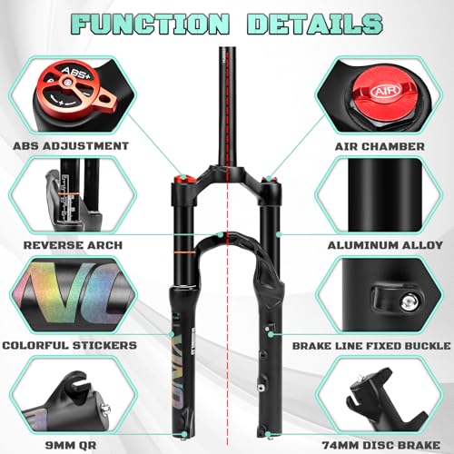 AEYINO 20-Zoll-Air-Mountainbike-Federgabel, 100 mm Federweg, 1 1/8 Zoll gerades Rohr, manuelle Sperre, 9 mm Schnellspanner, Mountainbike-Vorderradgabel, passend für MTB-Tourenräder (Black)