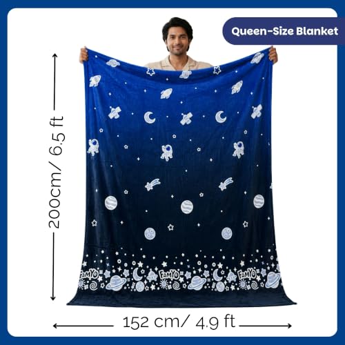 Image of Famyo GlowMaxx AC Blanket for Adults, Glow in the Dark Soft Flannel Blanket | 200x152 cm Double Bed Size | Lightweight Summer Blanket for AC Rooms, Lab-Tested & Skin-Friendly (Dark Blue)