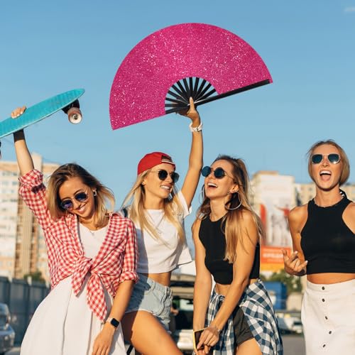 Image of Vercraft 13'' Large Rave Fan for Women Rave Accessories Festival Outfits Glitter Hand Folding Clack Fan for Line Dancing EDM Music Festival Outfits(Rose Gold)