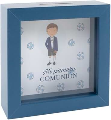 Hucha de Madera Azul Cuadrada Transparente, Regalo Comunión Niño, 15 cm