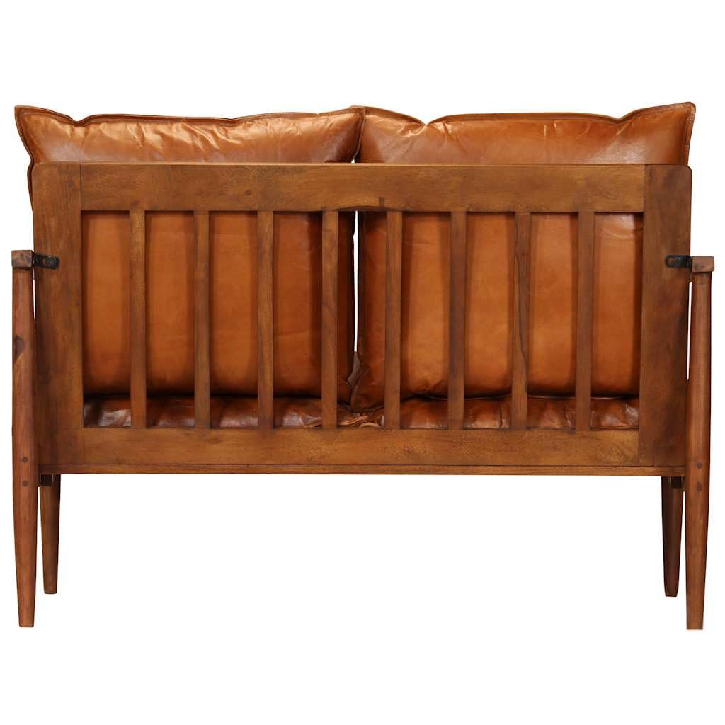 Générique Divano a 2 posti in vera pelle marrone, divano in legno di acacia massiccia, finitura miele, seduta confortevole schiuma spessa, divano vintage per soggiorno camera da letto