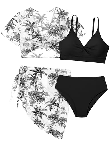 Girls Swimsuit 4 Piece Tropical Print Bikini Set Twist Criss Cross Bathing Suit with Kimono and Cover Up 9-16Y