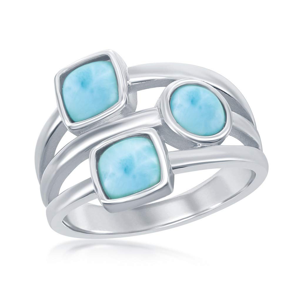 Beaux Bijoux925 Sterling Silver Hawaii Natural Larimar Gemstone Multi-shaped High Polished Triple Band Ring