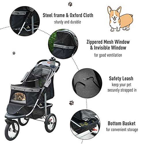 PawHut Luxury One-Click Folding Pet Stroller Dog/Cat Travel Carriage with Wheels Adjustable Canopy Zippered Mesh Window… - Image 7