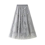 CORIRESHA Women's Summer Tulle Dragonfly Embroidery Elastic Waist Mesh A Line Midi Skirts