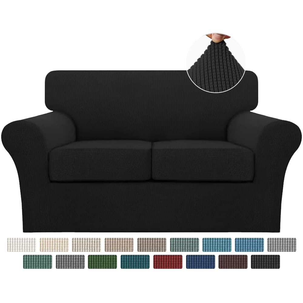 Photo 1 of Turquoize 3 Piece Sofa Covers for 2 Cushion Couch Sofa Slipcover Soft Couch Cover for Dogs-Washable Sofa Furniture Covers with 2 Individual Cushion Covers, Feature Jacquard Fabric (Loveseat, Black)