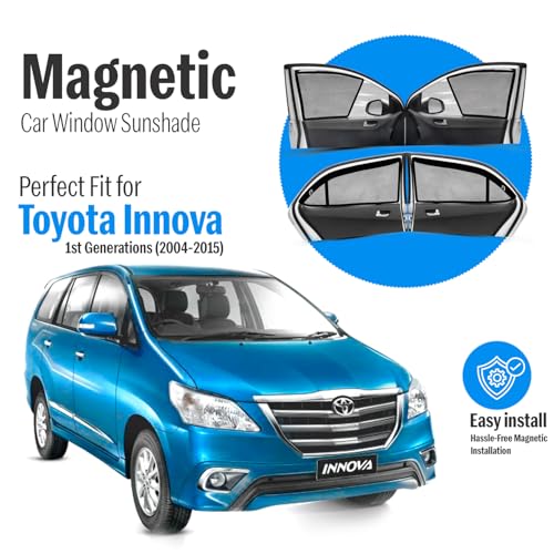 Image of Autofact Magnetic Car Sunshades Compatible with Toyota Innova Old (2004 to 2015) (Set of 4) - Easy Installation, UV Protection (Front 2 Half-Cut for Side Mirror Visibility, Rear 2 with Zippers)
