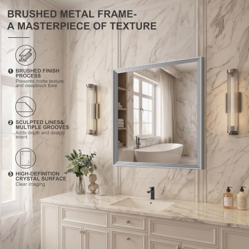 Image of DESBING 30 inchx30 inch Silver Bathroom Mirrors for Over Sink, Tempered Glass, Metal Frame, Rectangle Vanity Wall Mirror for Bathroom, Living Room, Bedroom, Horizontally or Vertically