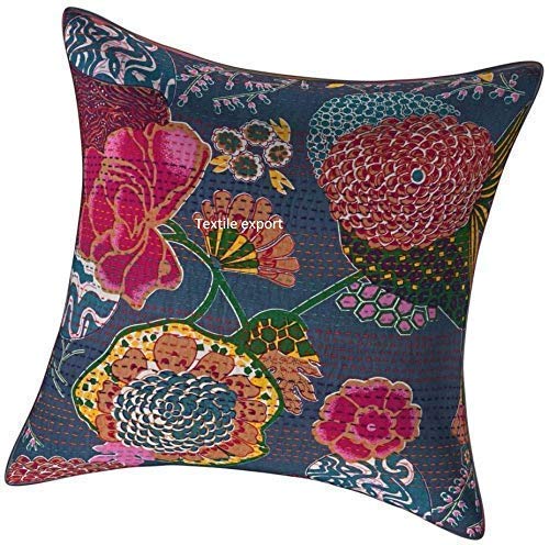 Image of Cotton Kantha Embroidery Cushion Cover (16x16-inches) (Set of 1, Grey')