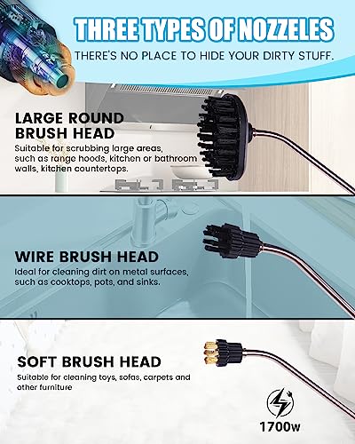 Image of FoundGo 1700W Tankless Handheld Steam Cleaner with 7 Brushes 20s Heating to 239℉ Pressurized Portable Steam Cleaner, Cleaning Home /Kitchen /Car & More-Blue