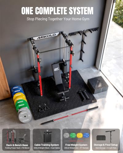 Image of Mikolo Folding Squat Rack, Wall Mounted Power Rack with Cable Crossover Machine & LAT Pull Down, Functional Trainer with 5 Adjustable Function Modes, Home Gym Package