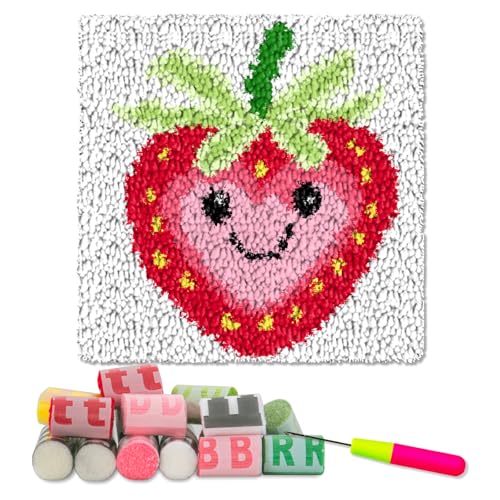 Image of YP Strawberry Smiley Face Latch Hook Kit for DIY Craft Lovers - 12x12 Inch Crochet Rug Making Set, Fun & Creative Home Decor Needlework Project for Beginners