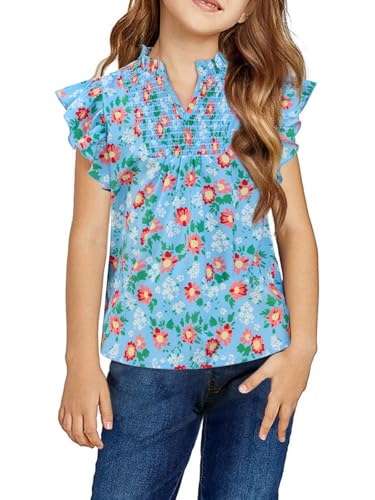 Haloumoning Girls Ruffle Short Sleeve Floral Chiffon Blouses Kids Summer Shirts Tops 5-14 Years