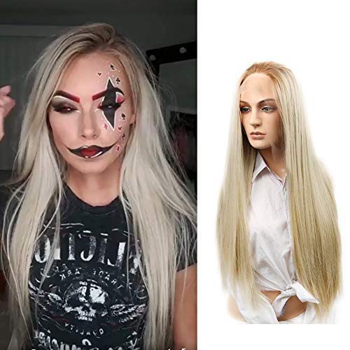 Lady Miranda 28 Inches Ombre Blonde Lace Front Wigs 2 Tone Color Brown Roots Free Part Long Natural Straight Bleached Knot Synthetic Wigs For Women (Brown&ash blonde)