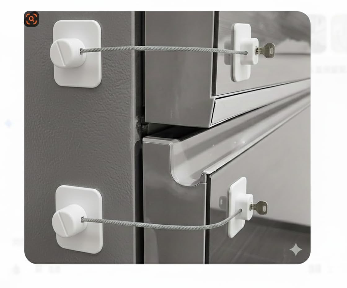 Moonybaby Kühlschrankschloss mit Schlüssel Kühlschrankschloss mit Schlüssel, 2er Set, Selbstklebende Kindersicherung für Kühlschrank & Gefrierschrank, Ohne Bohren, Fenstersicherung, 2 Stück, Weiß